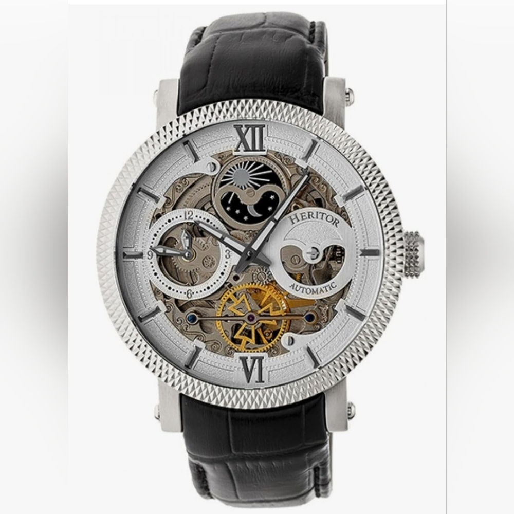 Brand New Heritor Automatic Aries Men`s Skeleton Black Leather Silver Watch NWOT